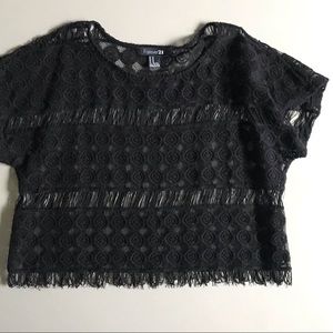 FOREVER 21 Sheer Crochet Short Sleeve Fringe Trim Black Blouse